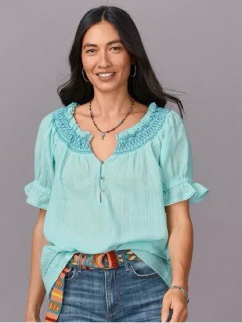 Sundance Morgan Easy Seafoam Crinkle Cotton Gauze Embroidered Peasant Top NWOT S